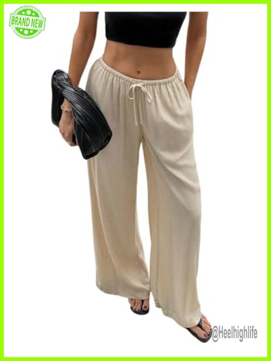 Pants - Linen Low Rise Drawstring Wide Leg Palazzo Pants Trousers